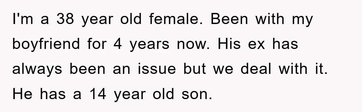 I'm a 38 year old female. Been with my boyfriend for 4 years now. His ex has always been an issue but we deal with it. He has a 14...