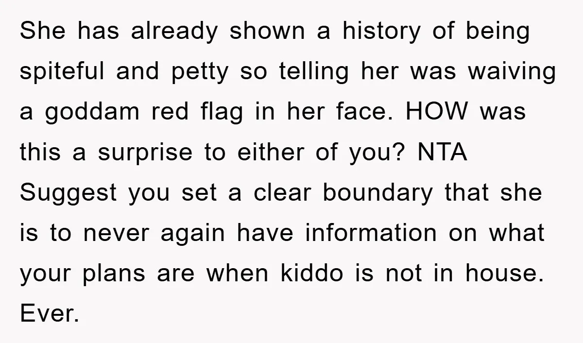 She has already shown a history of being spiteful and petty so telling her was waiving a goddam red flag in her face. HOW was this a surprise to either...