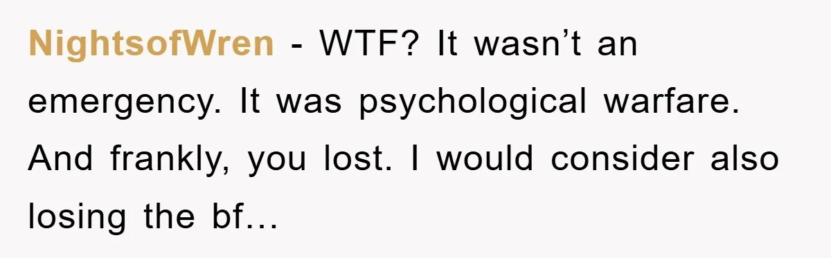 NightsofWren − WTF? It wasn’t an emergency. It was psychological warfare. And frankly, you lost. I would consider also losing the bf…