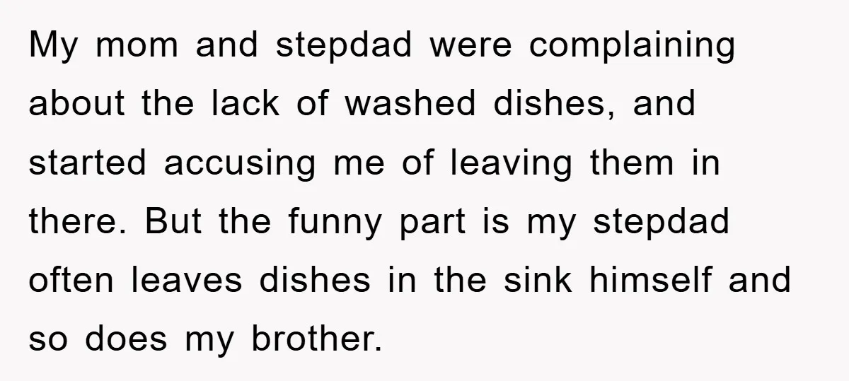 My mom and stepdad were complaining about the lack of washed dishes, and started accusing me of leaving them in there. But the funny part is my stepdad often leaves...