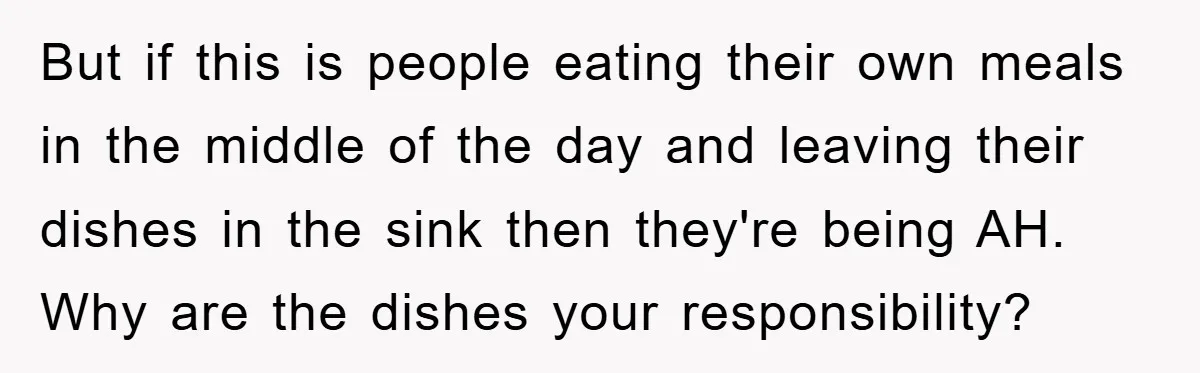 But if this is people eating their own meals in the middle of the day and leaving their dishes in the sink then they're being AH. Why are the dishes...