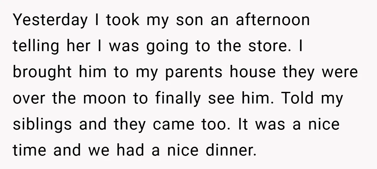 Yesterday I took my son an afternoon telling her I was going to the store. I brought him to my parents house they were over the moon to finally see...
