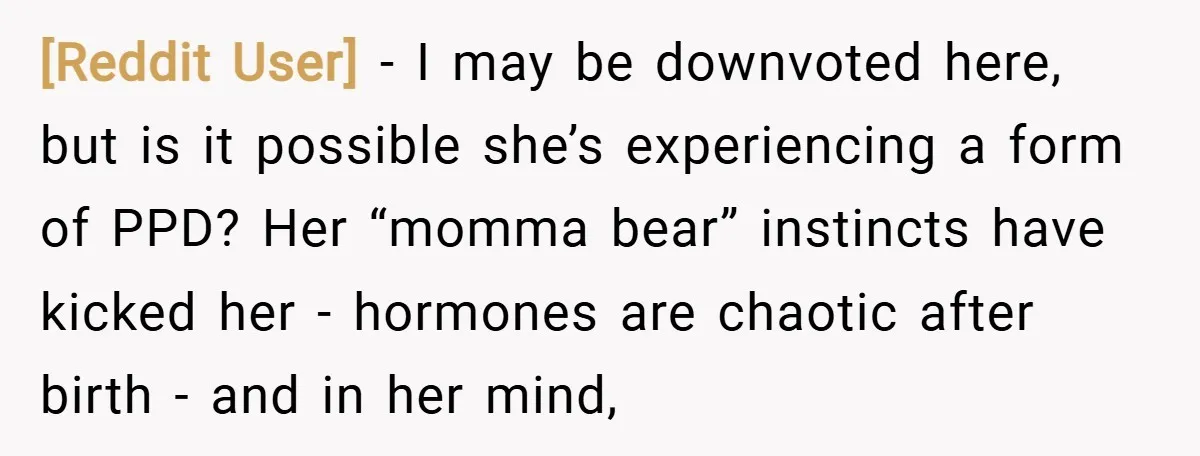 [Reddit User] − I may be downvoted here, but is it possible she’s experiencing a form of PPD? Her “momma bear” instincts have kicked her - hormones are chaotic after...