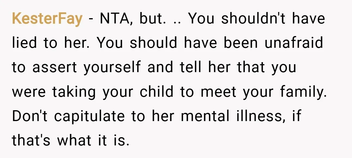 KesterFay − NTA, but. .. You shouldn't have lied to her. You should have been unafraid to assert yourself and tell her that you were taking your child to meet...