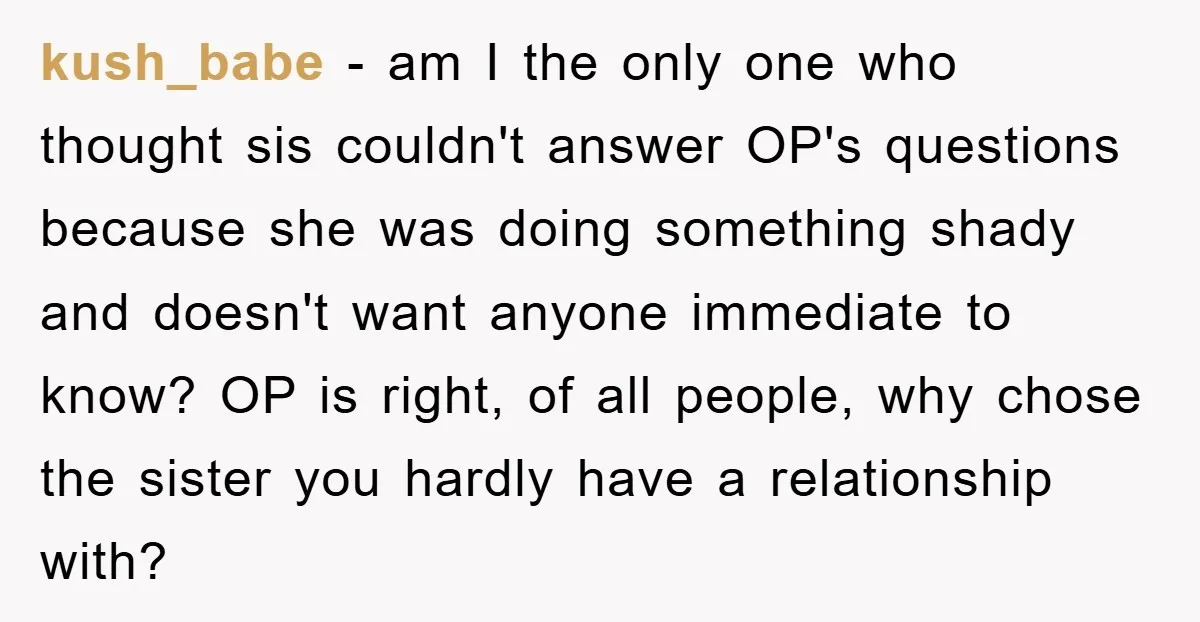 kush_babe − am I the only one who thought sis couldn't answer OP's questions because she was doing something shady and doesn't want anyone immediate to know? OP is right,...
