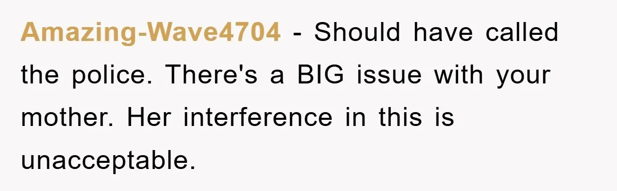 Amazing-Wave4704 − Should have called the police. There's a BIG issue with your mother. Her interference in this is unacceptable.