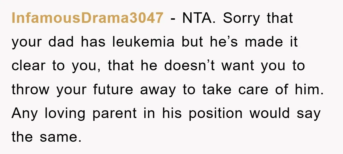 InfamousDrama3047 − NTA. Sorry that your dad has leukemia but he’s made it clear to you, that he doesn’t want you to throw your future away to take care of...