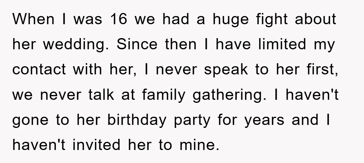 When I was 16 we had a huge fight about her wedding. Since then I have limited my contact with her, I never speak to her first, we never talk...