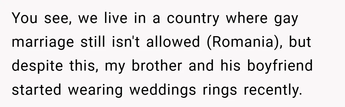 You see, we live in a country where gay marriage still isn't allowed (Romania), but despite this, my brother and his boyfriend started wearing weddings rings recently.