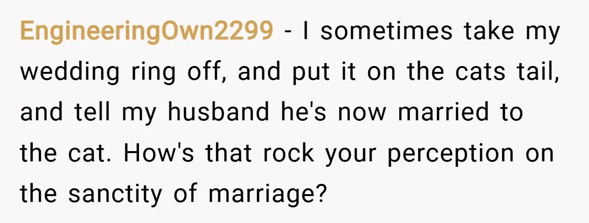 EngineeringOwn2299 − I sometimes take my wedding ring off, and put it on the cats tail, and tell my husband he's now married to the cat. How's that rock your...