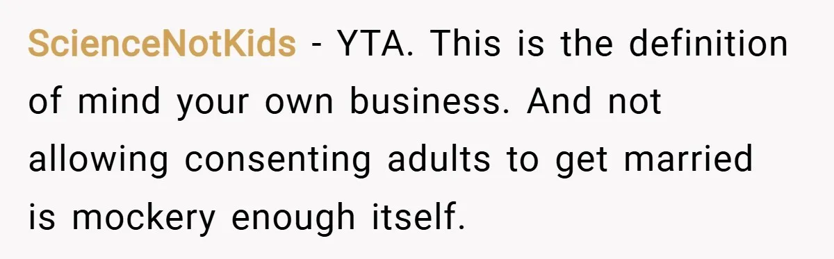 ScienceNotKids − YTA. This is the definition of mind your own business. And not allowing consenting adults to get married is mockery enough itself.