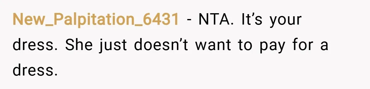 New_Palpitation_6431 − NTA. It’s your dress. She just doesn’t want to pay for a dress.