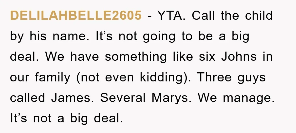 DELILAHBELLE2605 − YTA. Call the child by his name. It’s not going to be a big deal. We have something like six Johns in our family (not even kidding). Three...