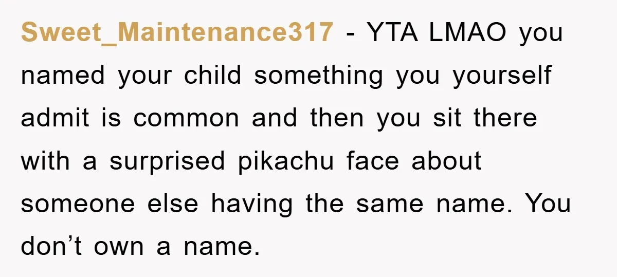 Sweet_Maintenance317 − YTA LMAO you named your child something you yourself admit is common and then you sit there with a surprised pikachu face about someone else having the same...