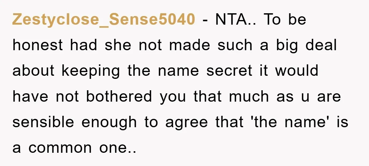 Zestyclose_Sense5040 − NTA.. To be honest had she not made such a big deal about keeping the name secret it would have not bothered you that much as u are...