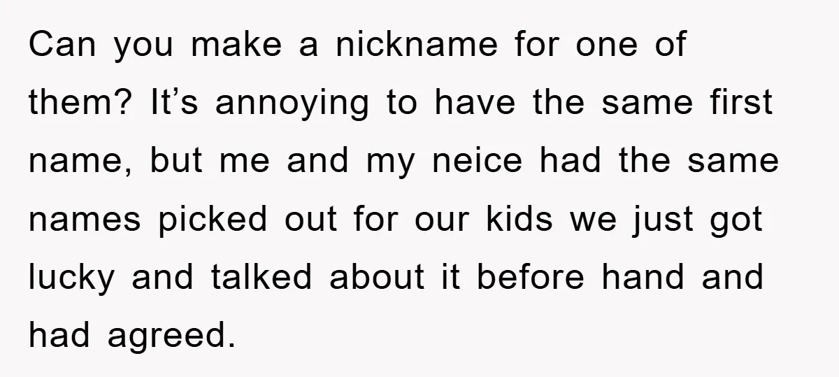 Can you make a nickname for one of them? It’s annoying to have the same first name, but me and my neice had the same names picked out for our...