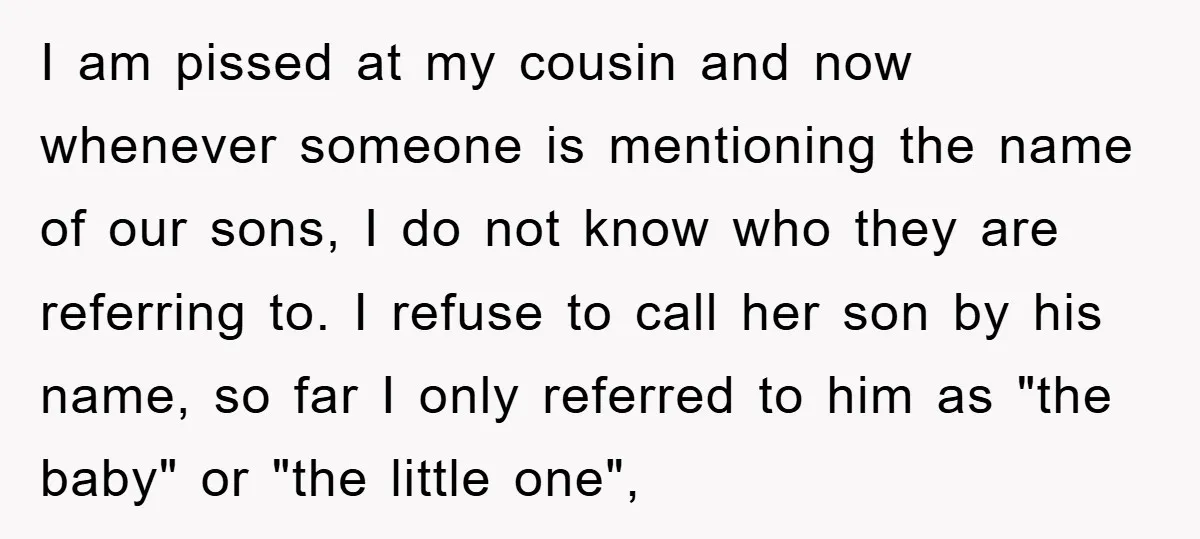 I am pissed at my cousin and now whenever someone is mentioning the name of our sons, I do not know who they are referring to. I refuse to call...