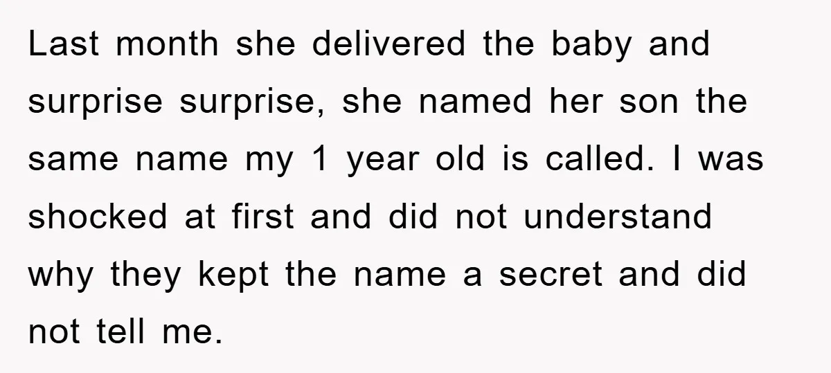 Last month she delivered the baby and surprise surprise, she named her son the same name my 1 year old is called. I was shocked at first and did not...