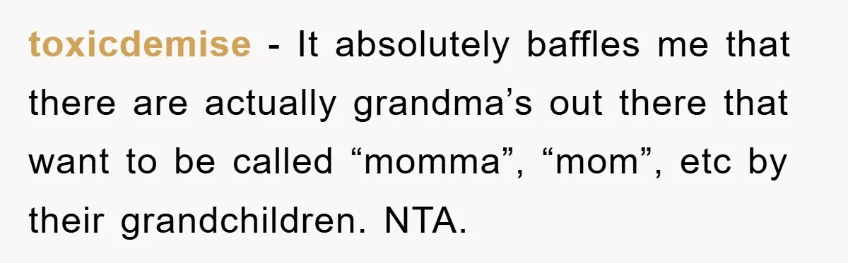 toxicdemise − It absolutely baffles me that there are actually grandma’s out there that want to be called “momma”, “mom”, etc by their grandchildren. NTA.