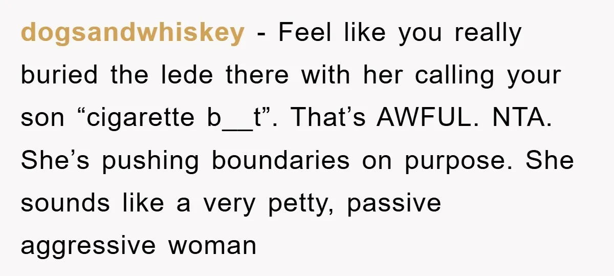 dogsandwhiskey − Feel like you really buried the lede there with her calling your son “cigarette b__t”. That’s AWFUL. NTA. She’s pushing boundaries on purpose. She sounds like a very...