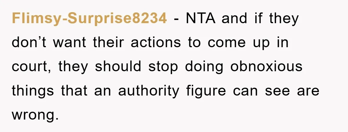 Flimsy-Surprise8234 − NTA and if they don’t want their actions to come up in court, they should stop doing obnoxious things that an authority figure can see are wrong.