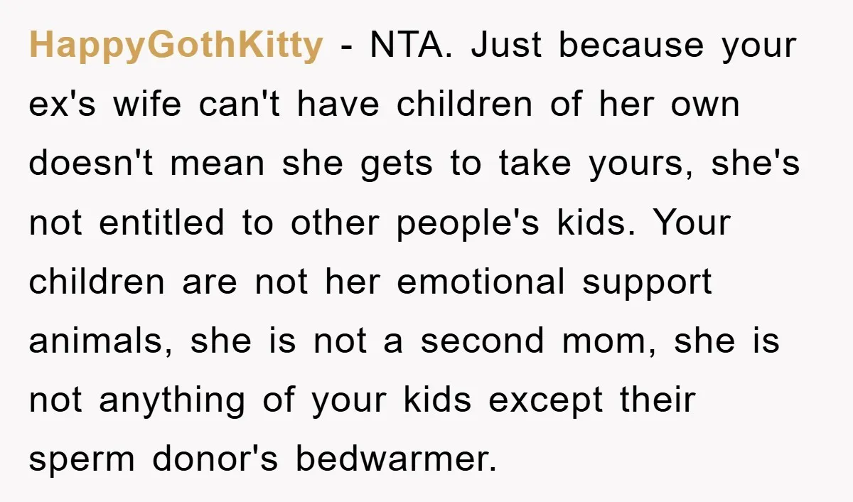 HappyGothKitty − NTA. Just because your ex's wife can't have children of her own doesn't mean she gets to take yours, she's not entitled to other people's kids. Your children...