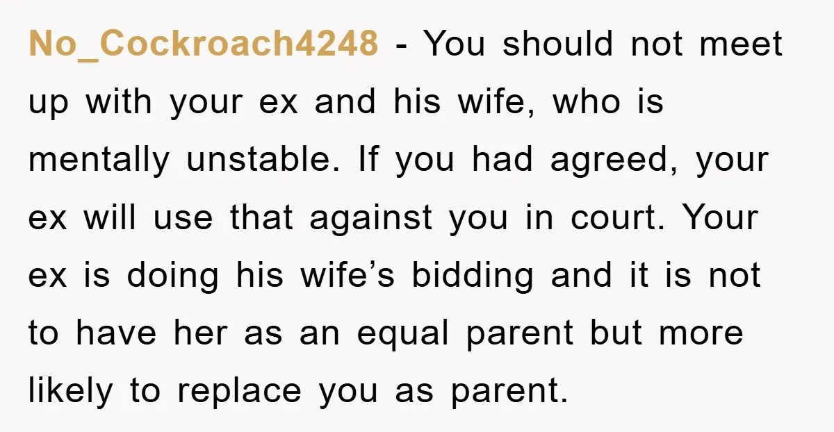 No_Cockroach4248 − You should not meet up with your ex and his wife, who is mentally unstable. If you had agreed, your ex will use that against you in court....
