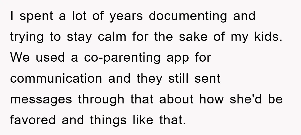 I spent a lot of years documenting and trying to stay calm for the sake of my kids. We used a co-parenting app for communication and they still sent messages...
