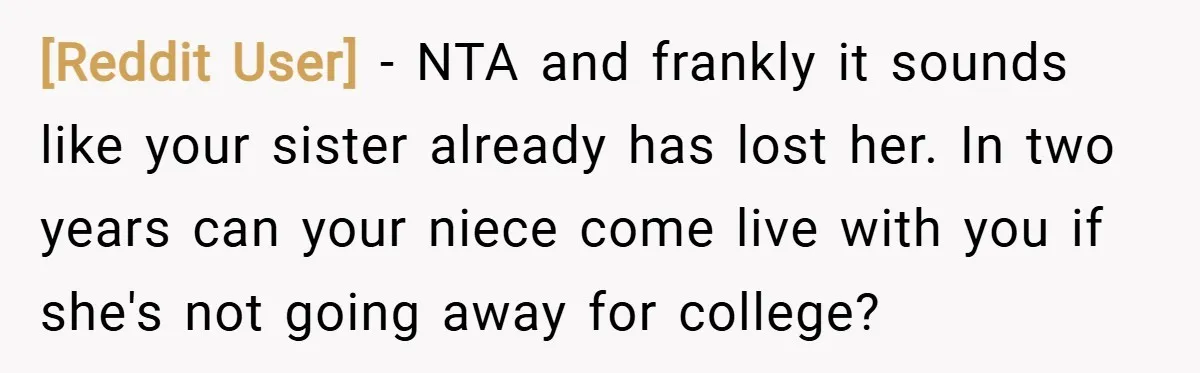 [Reddit User] − NTA and frankly it sounds like your sister already has lost her. In two years can your niece come live with you if she's not going away...