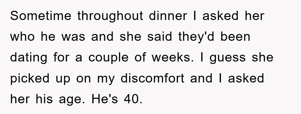 Sometime throughout dinner I asked her who he was and she said they'd been dating for a couple of weeks. I guess she picked up on my discomfort and I...