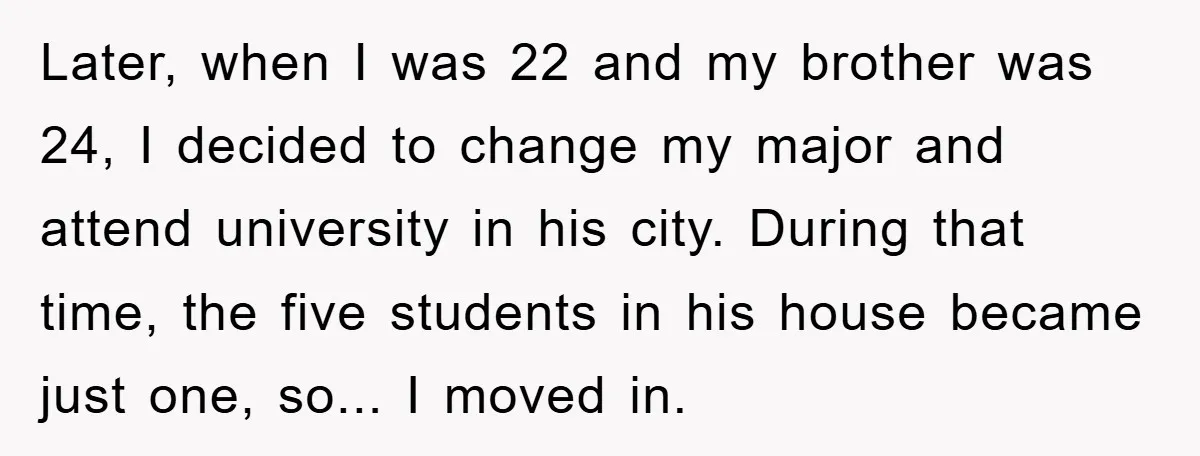 Later, when I was 22 and my brother was 24, I decided to change my major and attend university in his city. During that time, the five students in his...