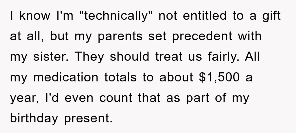 I know I'm "technically" not entitled to a gift at all, but my parents set precedent with my sister. They should treat us fairly. All my medication totals to about...