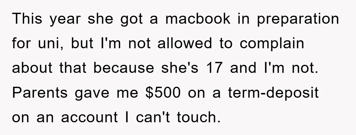 This year she got a macbook in preparation for uni, but I'm not allowed to complain about that because she's 17 and I'm not. Parents gave me $500 on a...