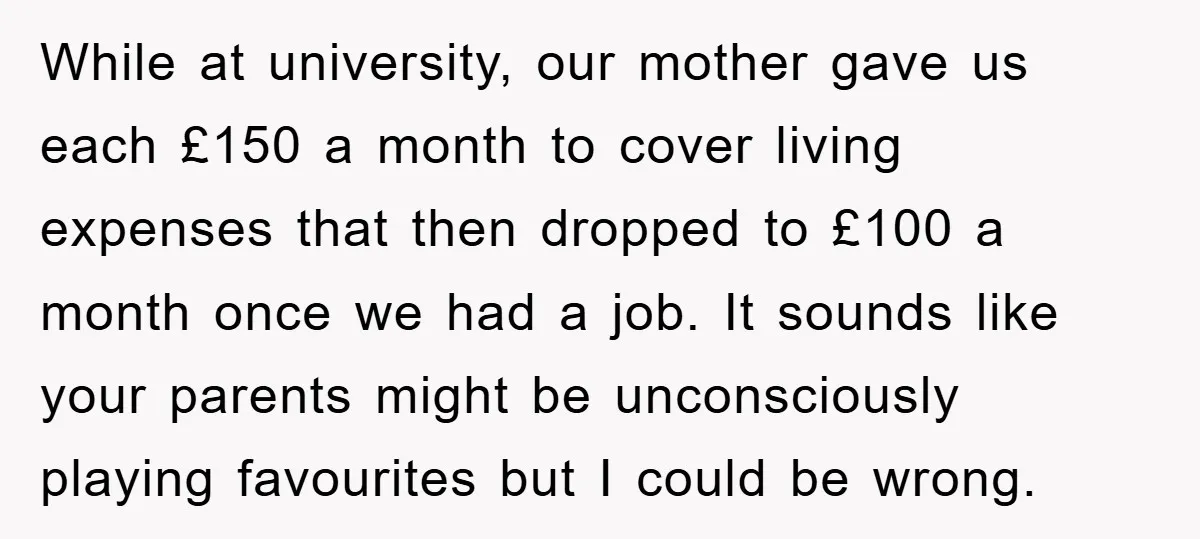While at university, our mother gave us each £150 a month to cover living expenses that then dropped to £100 a month once we had a job. It sounds like...