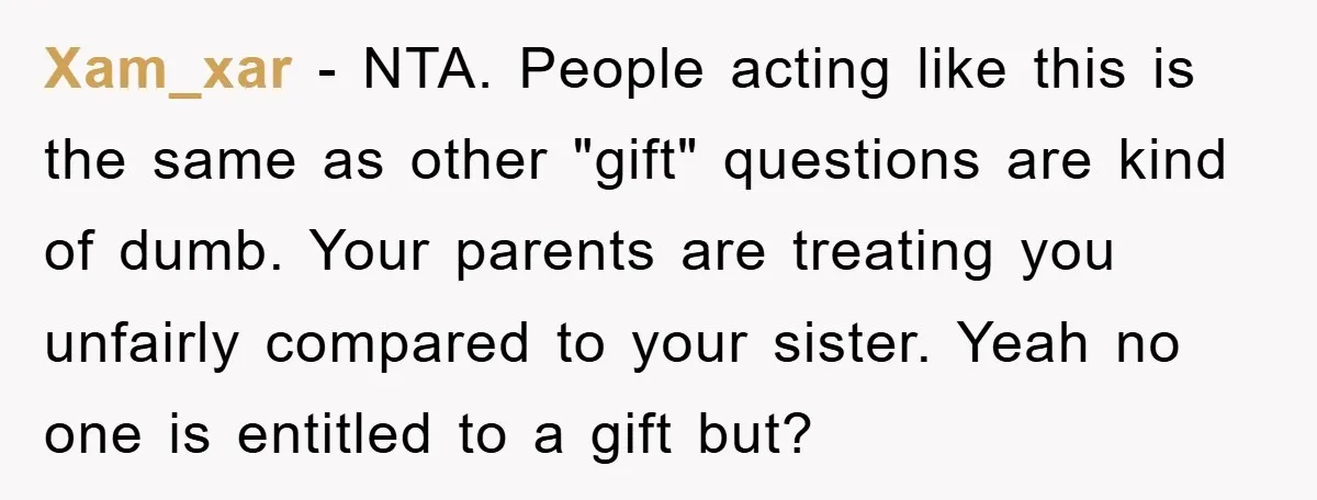 Xam_xar − NTA. People acting like this is the same as other "gift" questions are kind of dumb. Your parents are treating you unfairly compared to your sister. Yeah no...