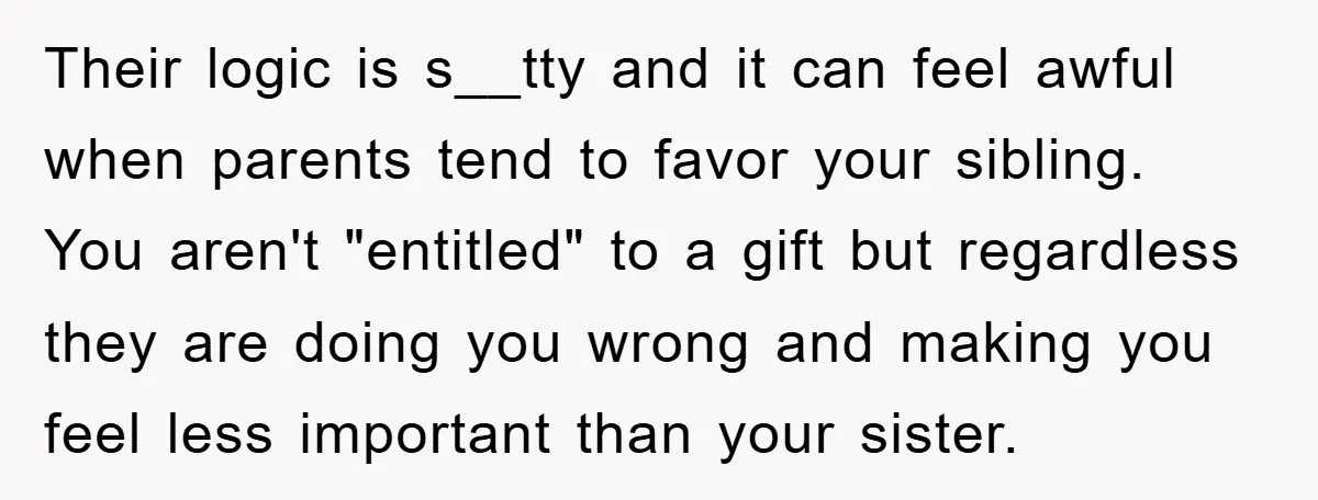 Their logic is s__tty and it can feel awful when parents tend to favor your sibling. You aren't "entitled" to a gift but regardless they are doing you wrong and...