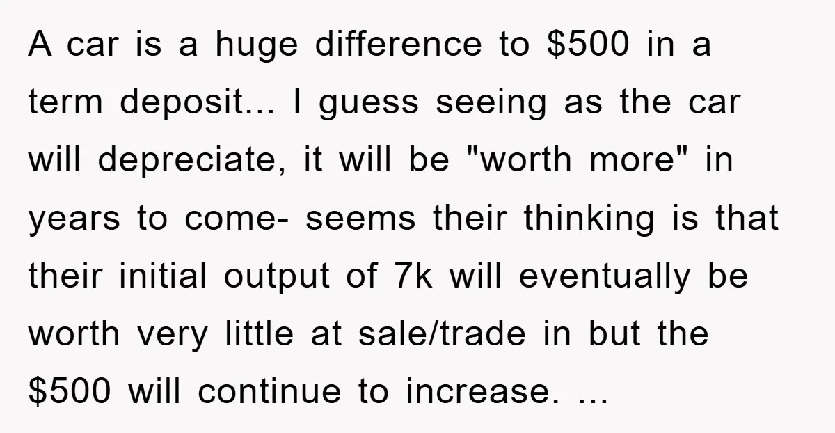 A car is a huge difference to $500 in a term deposit... I guess seeing as the car will depreciate, it will be "worth more" in years to come- seems...