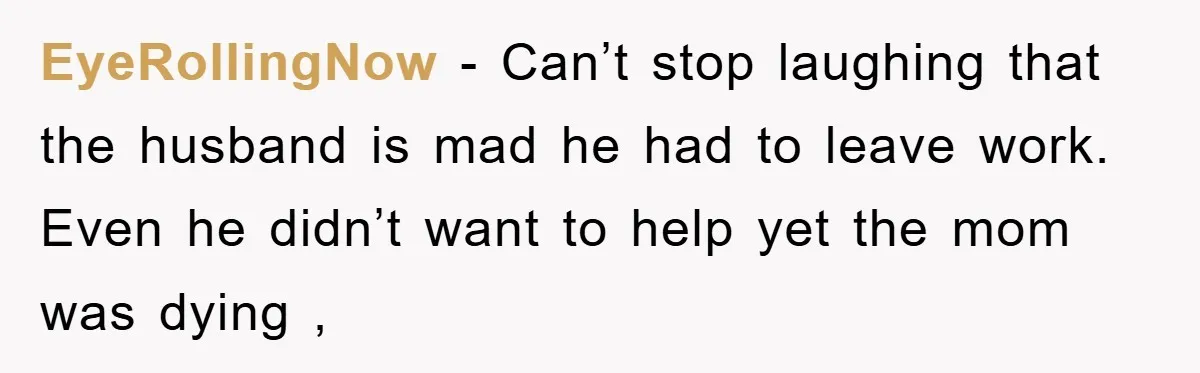 EyeRollingNow − Can’t stop laughing that the husband is mad he had to leave work. Even he didn’t want to help yet the mom was dying ,