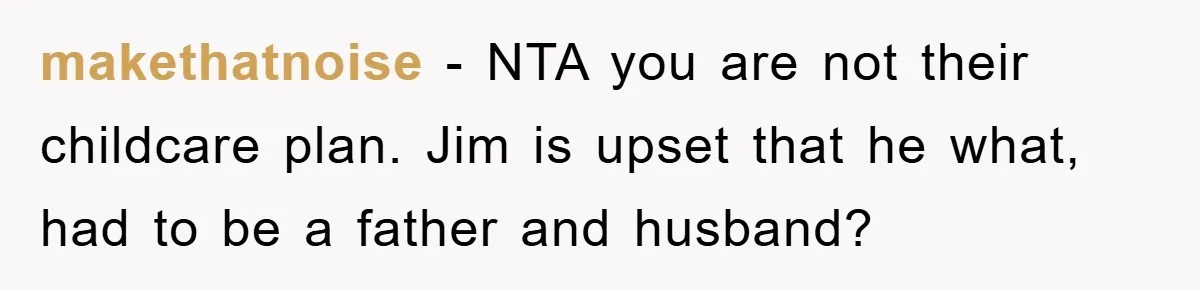 makethatnoise − NTA you are not their childcare plan. Jim is upset that he what, had to be a father and husband?