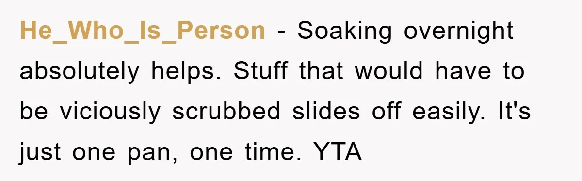 He_Who_Is_Person − Soaking overnight absolutely helps. Stuff that would have to be viciously scrubbed slides off easily. It's just one pan, one time. YTA