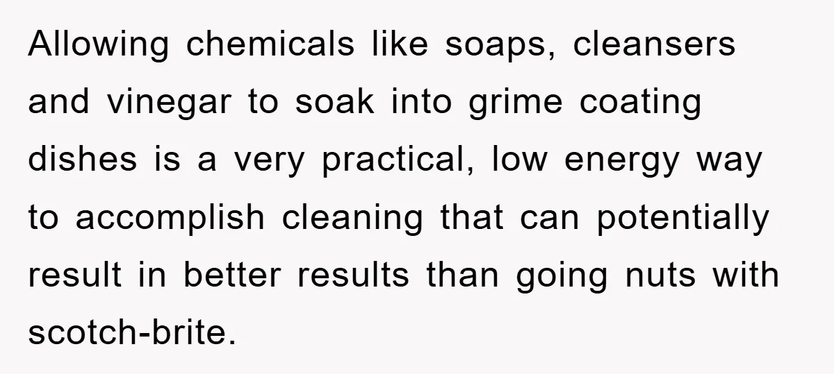 Allowing chemicals like soaps, cleansers and vinegar to soak into grime coating dishes is a very practical, low energy way to accomplish cleaning that can potentially result in better results...