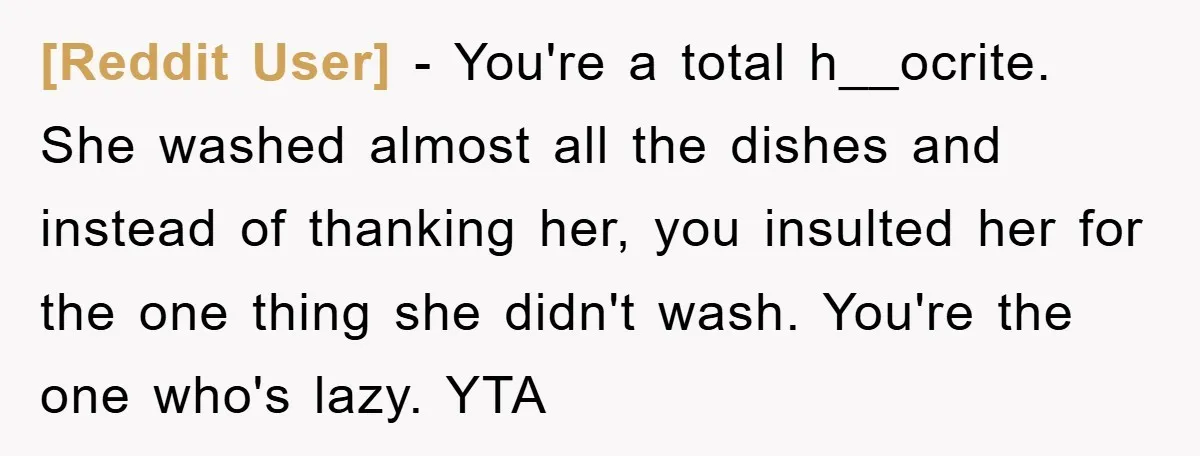[Reddit User] − You're a total h__ocrite. She washed almost all the dishes and instead of thanking her, you insulted her for the one thing she didn't wash. You're the...