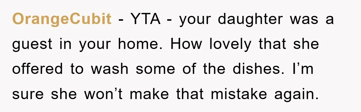 OrangeCubit − YTA - your daughter was a guest in your home. How lovely that she offered to wash some of the dishes. I’m sure she won’t make that mistake...