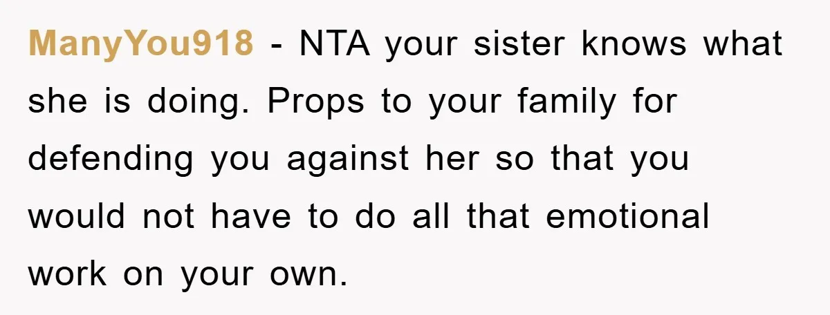 ManyYou918 − NTA your sister knows what she is doing. Props to your family for defending you against her so that you would not have to do all that emotional...