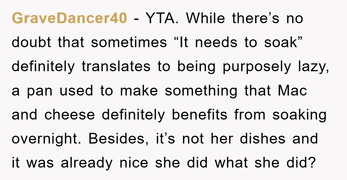 GraveDancer40 − YTA. While there’s no doubt that sometimes “It needs to soak” definitely translates to being purposely lazy, a pan used to make something that Mac and cheese definitely...