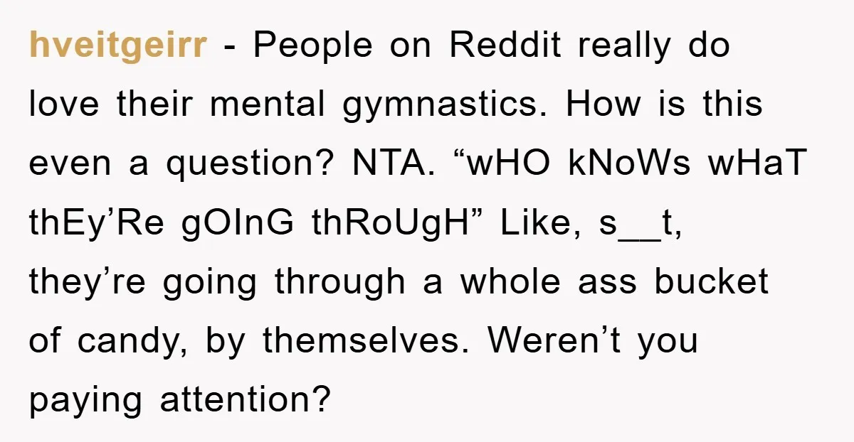 hveitgeirr − People on Reddit really do love their mental gymnastics. How is this even a question? NTA. “wHO kNoWs wHaT thEy’Re gOInG thRoUgH” Like, s__t, they’re going through a...