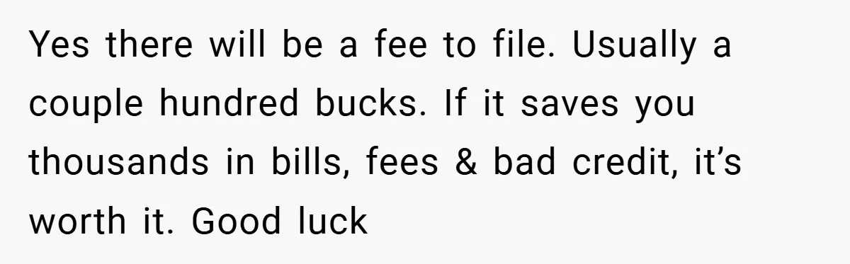 Yes there will be a fee to file. Usually a couple hundred bucks. If it saves you thousands in bills, fees & bad credit, it’s worth it. Good luck