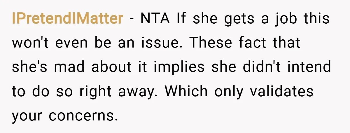 IPretendIMatter − NTA If she gets a job this won't even be an issue. These fact that she's mad about it implies she didn't intend to do so right away....