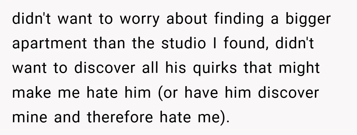 didn't want to worry about finding a bigger apartment than the studio I found, didn't want to discover all his quirks that might make me hate him (or have him...