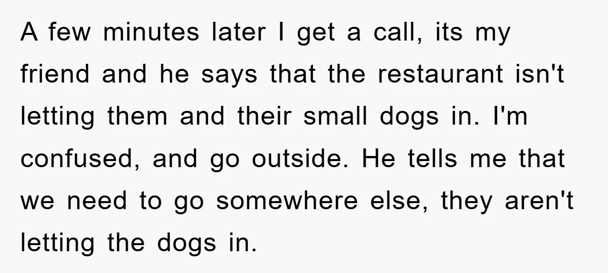 A few minutes later I get a call, its my friend and he says that the restaurant isn't letting them and their small dogs in. I'm confused, and go outside....